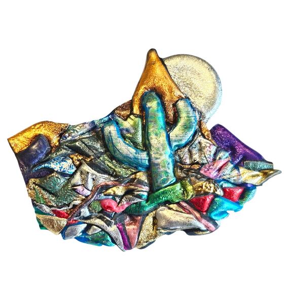 Desert Brooch Cactus Sun Mountain 2.3" Multicolor Pin Handmade Resin Metallic - Picture 1 of 9